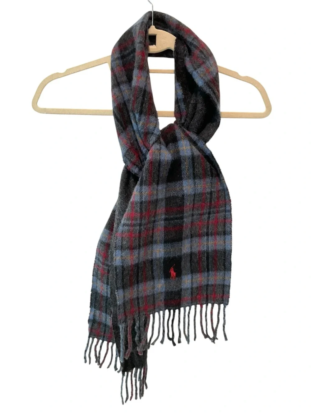 Polo Ralph Lauren Plaid Virgin Wool Reversible Fringe Scarf Italy 70x9